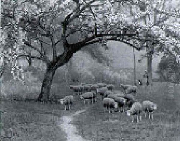 Tending The Flock, Blossom Time Oil Painting by Edouard Pail