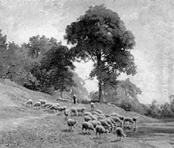 A Shepherdess With Her Flock Oil Painting by Edouard Pail