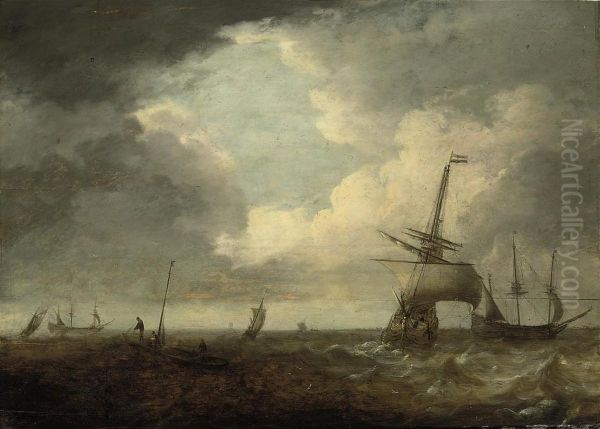 Dutch Men-o'-war And Other Shipping In Choppy Waters Off Acoast Oil Painting by Jan Theunisz. Blankerhoff