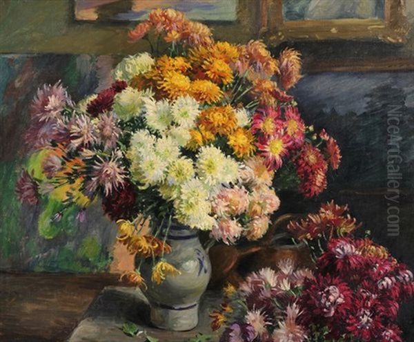 Bouquet De Fleurs Dans Un Interieur Oil Painting by Henri Pailler