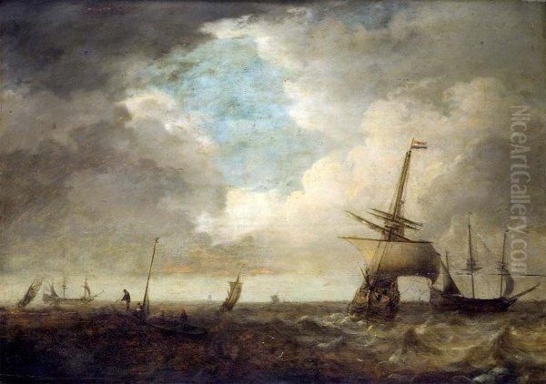 Navires Au Large Des Cotes Panneau De Chene Oil Painting by Jan Theunisz. Blankerhoff