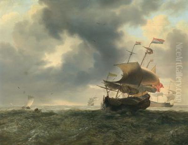 Navi Da Battaglia E Barche Di Pescatori Nel Mare In Tempesta Oil Painting by Jan Theunisz. Blankerhoff