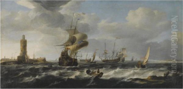 A River Estuary With Dutch Shipping In A Stiff Breeze, A Lighthouseto The Left Oil Painting by Jan Theunisz. Blankerhoff