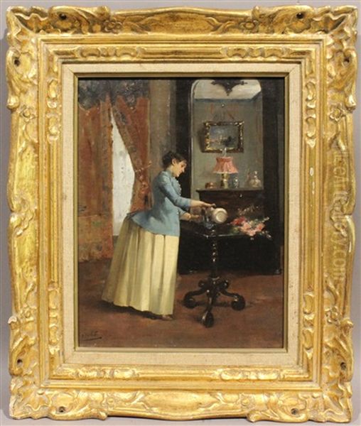 Jeune Femme Vetue D'une Robe A Tournure, Dans Son Interieur Oil Painting by Fernand Paillet