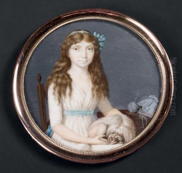 Portrait De Mademoiselle D'audelange En Robe De Soie Blanche Ceinturee D'un Ruban Bleu, Comme Le Noeud Attachant Ses Longs Cheveux Retombant Sur Ses Epaules Oil Painting by Dominique Paillot