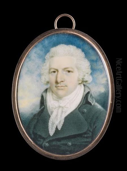 Portrait Miniature Of A Young Gentleman, In A Green Coat With Green Covered Buttons, White Waistcoat And Lace Cravat, Powdered Hair Oil Painting by Peter Paillou