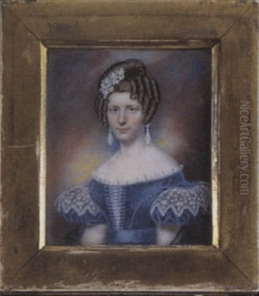 A Lady Wearing Decollete Blue Dress With Laced Bodice, White Lace Trim And Sleeve Caps, Black Lace Shawl, Drop Earrings And Comb In Her Upswept Hair Oil Painting by Peter Paillou