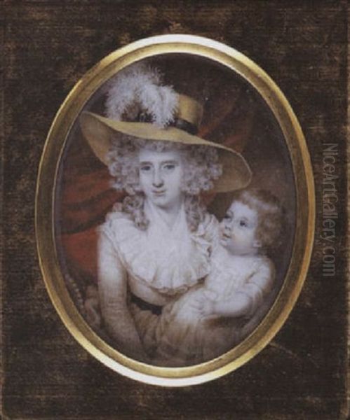 Lady Lucy Digby And Child, Seated On A Chaise-longue: Lucy Wearing Yellow Hat And White Dress, Her Child Wearing White Dress With Lace Trim Oil Painting by Peter Paillou