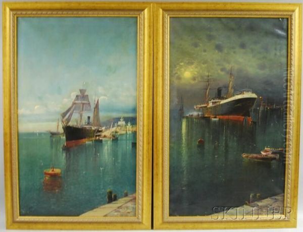 Pair Of Steamships At Dock: Day Oil Painting by Frederick B. Blannin