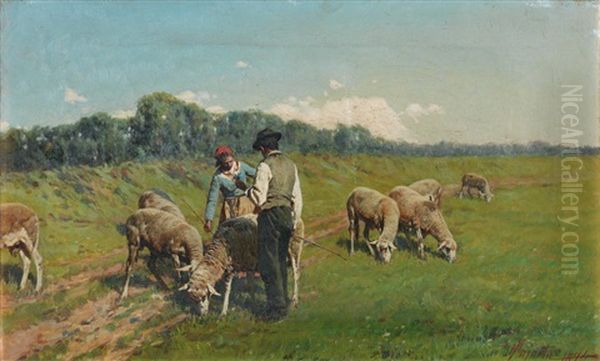 Tending The Sheep Oil Painting by Pietro Pajetta