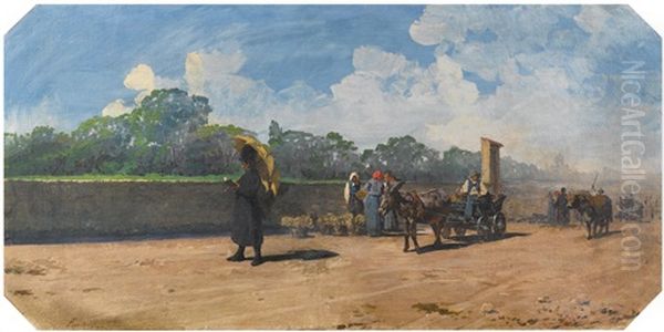 Returning Home From Market Oil Painting by Pietro Pajetta