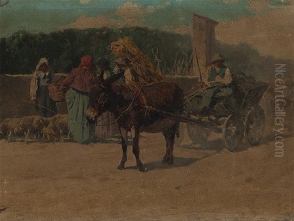 Farmer On Donkey Cart Oil Painting by Pietro Pajetta