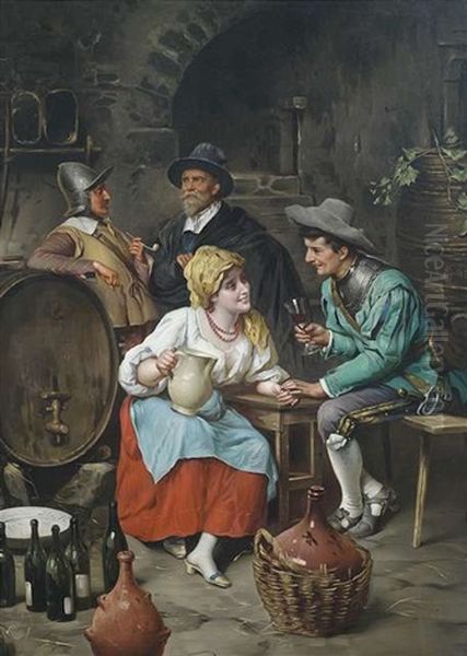 Weinprobe Im Keller. Ein Junger Kavalier Flirtet Mit Der Wirtstochter Oil Painting by Pietro Pajetta