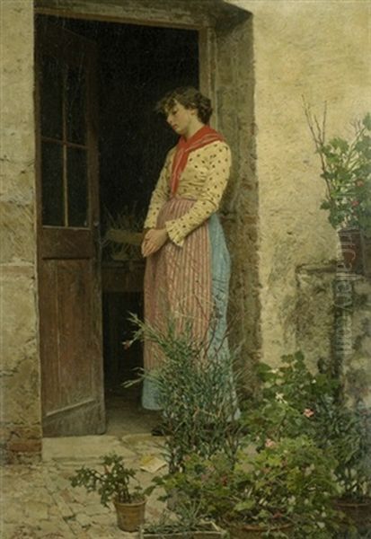 Junge Frau In Landlicher Tracht An Der Tur Eines Bauernhauses Stehend Oil Painting by Pietro Pajetta