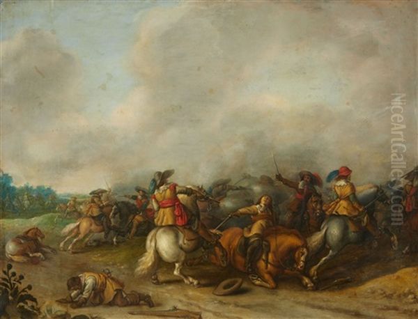 A Cavalry Battle In A Panoramic Landscape Oil Painting by Palamedes Palamedesz the Elder