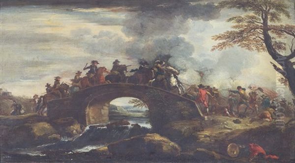 Cavalry Engagement On A River Bridge Oil Painting by Palamedes Palamedesz the Elder