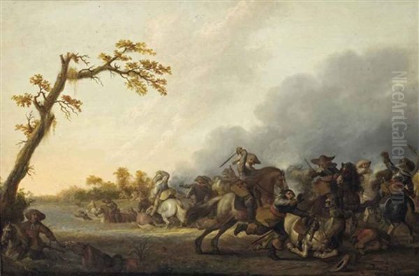 A Cavalry Skirmish With Horsemen Retreating Into A River To The Left Oil Painting by Palamedes Palamedesz the Elder