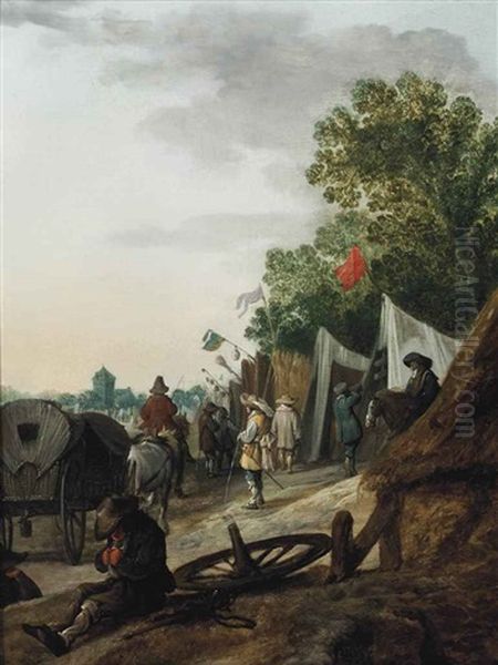 A Military Encampment Oil Painting by Palamedes Palamedesz the Elder