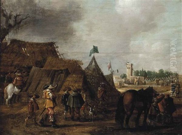 A Military Encampment Oil Painting by Palamedes Palamedesz the Elder