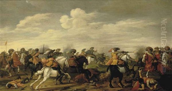 A Cavalry Skirmish In A Landscape Oil Painting by Palamedes Palamedesz the Elder