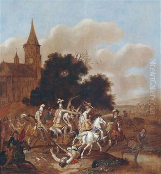 Reitergefecht Vor Einer Dorfkirche Oil Painting by Palamedes Palamedesz the Elder