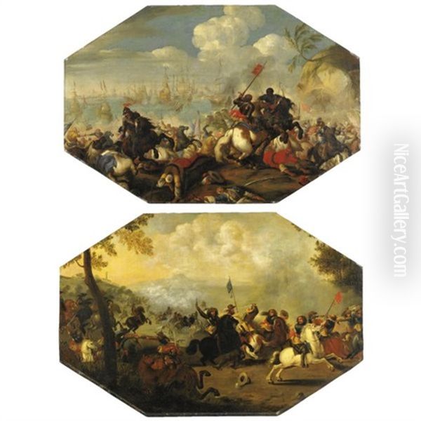 Battaglia Di Cavalleria, Con Battaglia Navale Sul Fondo (+ Scena Di Battaglia In Un Paesaggio Collinare; Pair) Oil Painting by Palamedes Palamedesz the Elder