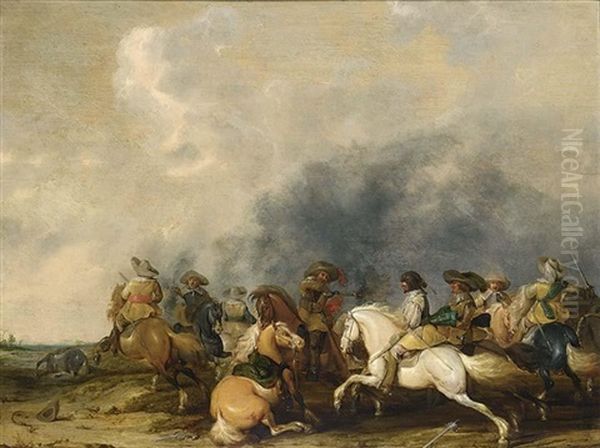 A Cavalry Battle Scene Oil Painting by Palamedes Palamedesz the Elder