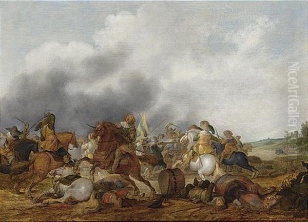 A Cavalry Battle Scene In An Open Field Oil Painting by Palamedes Palamedesz the Elder