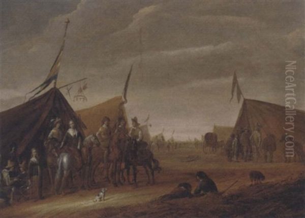 A Military Encampment Oil Painting by Palamedes Palamedesz the Elder