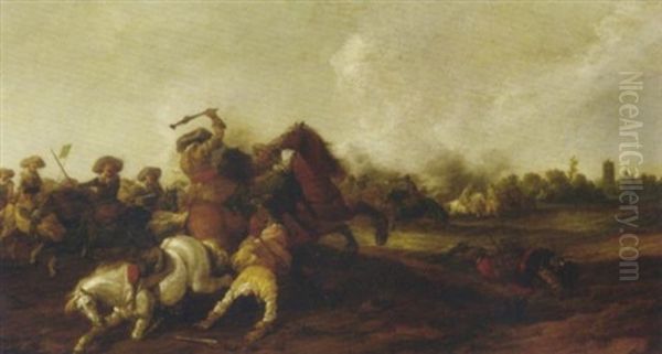 A Battle Scene - A Calvary Skirmish Oil Painting by Palamedes Palamedesz the Elder