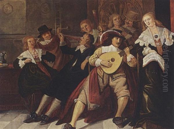 An Elegant Company Making Music And Drinking In An Interior Oil Painting by Palamedes Palamedesz the Elder