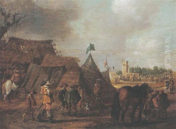 A Military Encampment Oil Painting by Palamedes Palamedesz the Elder