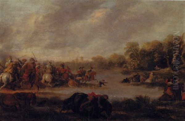 A Cavalry Skirmish By A River Oil Painting by Palamedes Palamedesz the Elder