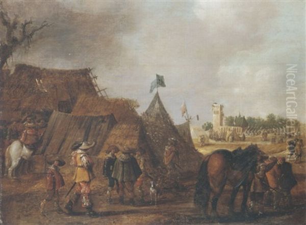 A Military Encampment Oil Painting by Palamedes Palamedesz the Elder