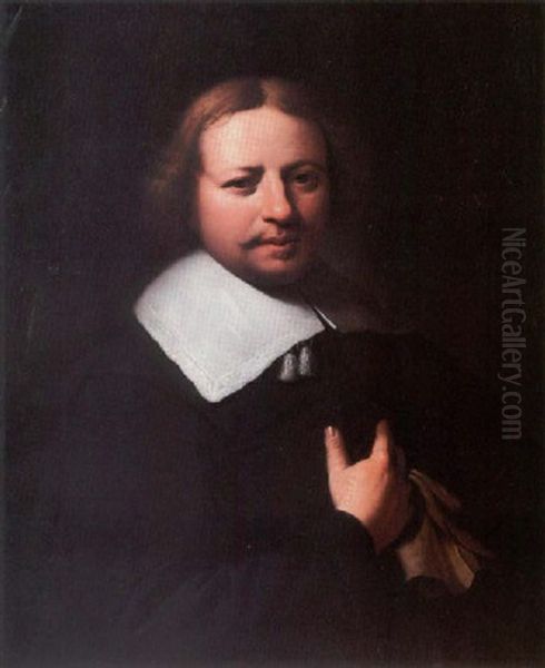 Portrait Of A Gentleman Wearing A Black Tunic And White Lace Collar, Holding A Glove In His Right Hand Oil Painting by Palamedes Palamedesz the Elder