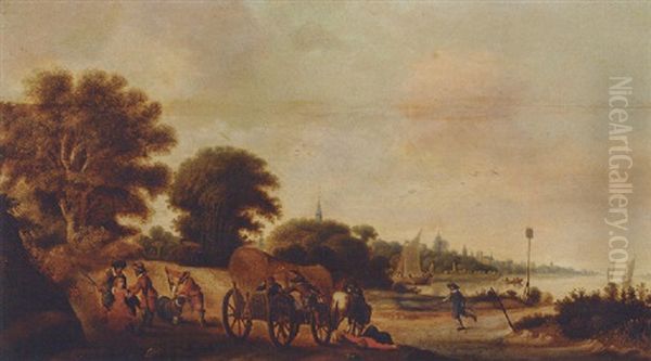 A Wooded Landscape With Travellers In A Wagon Being Ambushed by Palamedes Palamedesz the Elder