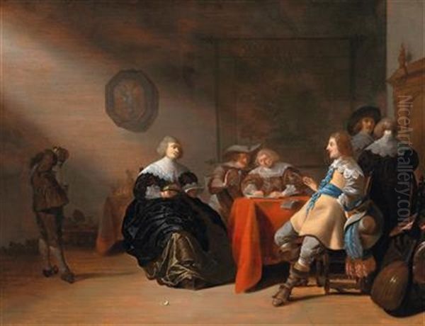 An Interior With A Company Conversing At A Table Oil Painting by Anthonie Palamedesz