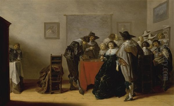 An Elegant Company In Conversation Playing Games And Drinking In An Interior Oil Painting by Anthonie Palamedesz