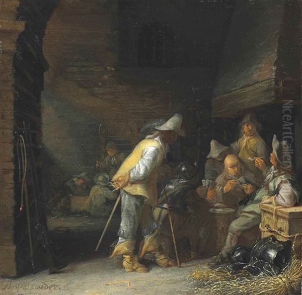 Soldiers Playing Cards And Smoking In A Barn Oil Painting by Anthonie Palamedesz