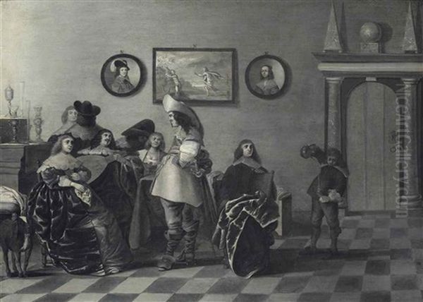 An Elegant Company In An Interior, En Grisaille Oil Painting by Anthonie Palamedesz