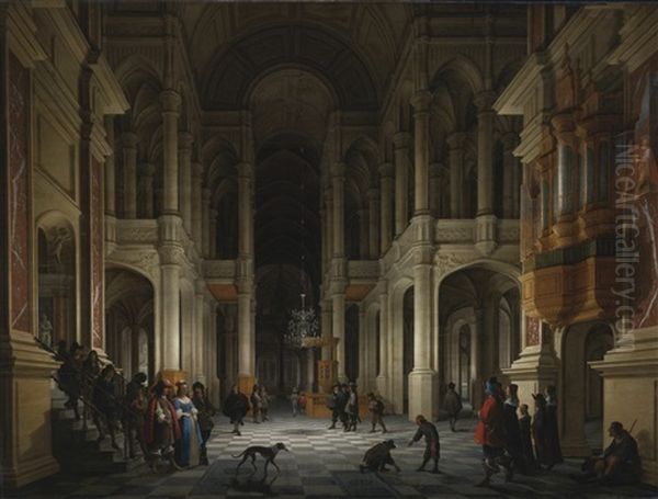 The Interior Of A Renaissance-style Church At Night With An Elegant Couple Making An Entrance Oil Painting by Anthonie Palamedesz