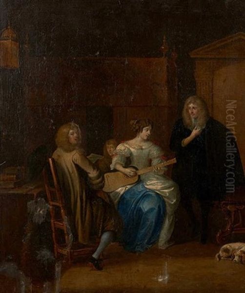 Femme Jouant Du Luth Et Deux Hommes Dans Un Interieur Oil Painting by Anthonie Palamedesz