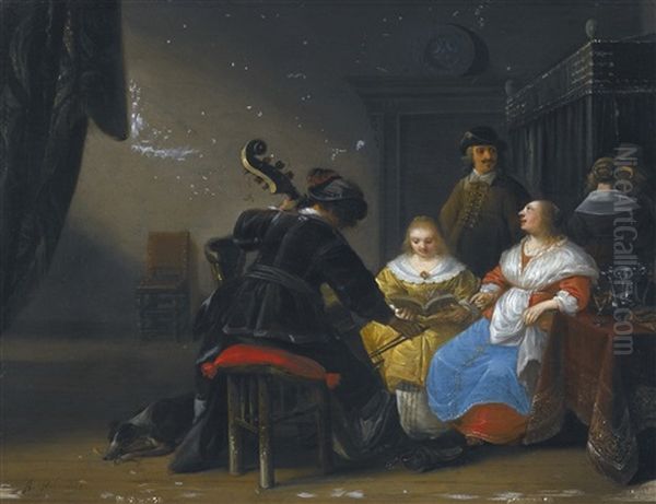 An Interior Scene With Two Ladies Singing, A Man Playing The Cello Oil Painting by Anthonie Palamedesz