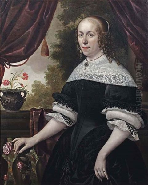 Portrait Of A Lady, Three-quarter-length, In A Black Dress With White Lace, A Pearl And Granite Parure And Pearls In Her Hair, Holding A Pink Rose... Oil Painting by Anthonie Palamedesz