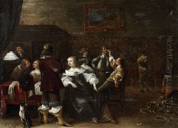 Elegant Figures Merrymaking In An Interior Oil Painting by Anthonie Palamedesz