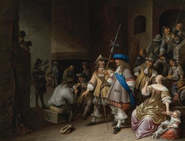 A Guardroom Interior With A Company Of Pikemen, Card Players, And A Woman With A Child Oil Painting by Anthonie Palamedesz