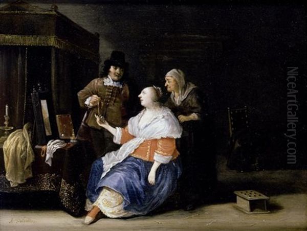 Interieur Mit Einem Jungen Madchen Und Einem Herren, Die Von Einer Alteren Dame Begleitet Werden Oil Painting by Anthonie Palamedesz