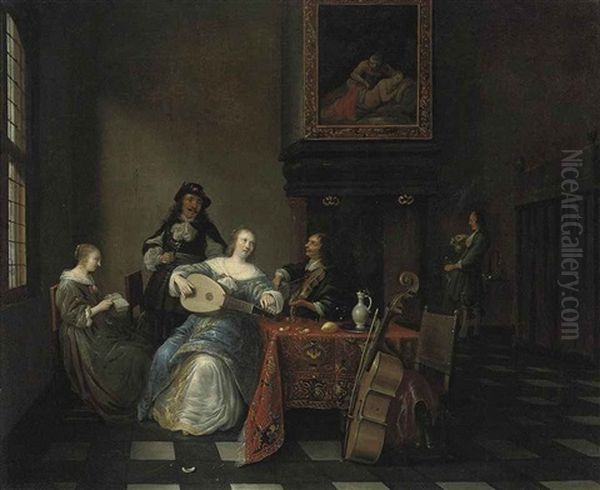 Elegant Company Making Music In An Interior Oil Painting by Anthonie Palamedesz