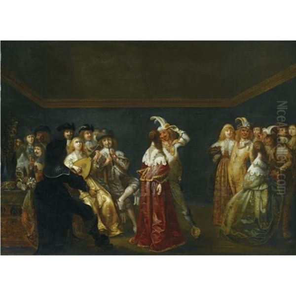 A Bal Masque With Figures In An Interior Oil Painting by Anthonie Palamedesz