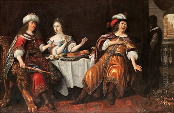 Gammaltestamentlig Scen Med Ester, Haman Och Ahasverus Oil Painting by Anthonie Palamedesz